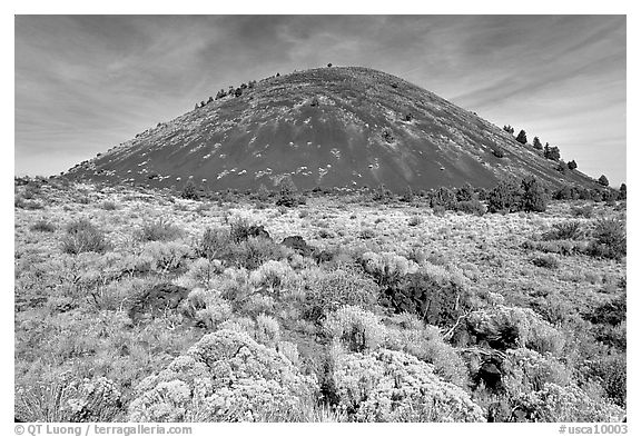Cinder cone and sage,  Lava Beds National Monument. Lava Beds National Monument, California, USA (black and white)