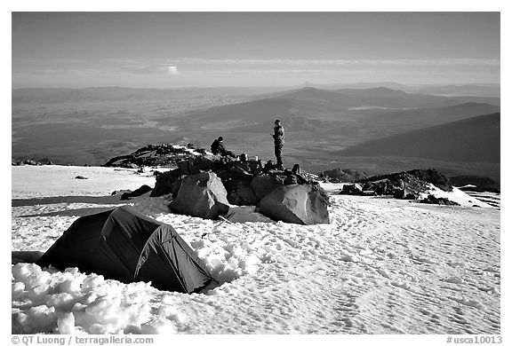 Mountaineers camping on the slopes of Mt Shasta. California, USA (black and white)