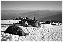 Mountaineers camping on the slopes of Mt Shasta. California, USA ( black and white)
