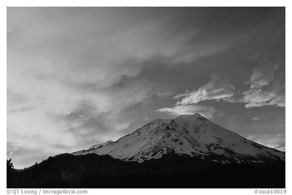 Fiery sky over Mount Shasta at sunset. California, USA (black and white)