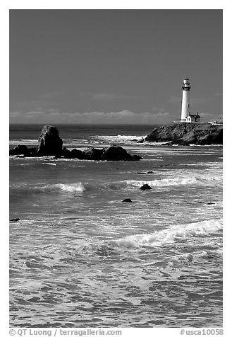 Surf and Pigeon Point Lighthouse, morning. San Mateo County, California, USA (black and white)