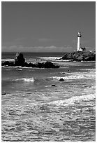 Surf and Pigeon Point Lighthouse, morning. San Mateo County, California, USA (black and white)