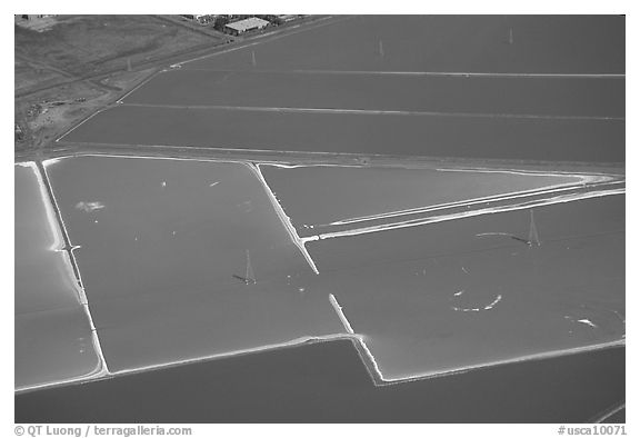 Aerial view of salt pond colorful patches. Redwood City,  California, USA (black and white)
