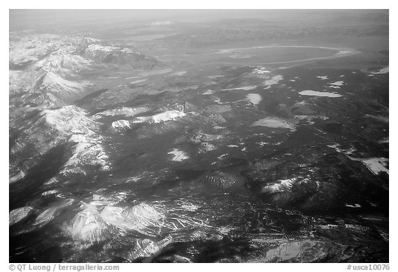 Aerial view of the Sierra Nevada and Mono Lake. California, USA (black and white)