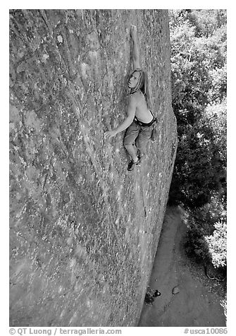 Rock climber on the Boy Scout rocks, Mt Diablo State Park. California, USA (black and white)