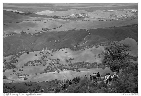 Group of Hikers descending slopes, Mt Diablo State Park. California, USA (black and white)