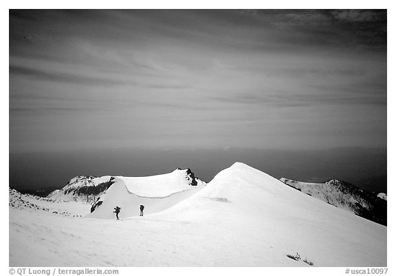 Climbers on the Green Ridge of Mount Shasta. California, USA (black and white)