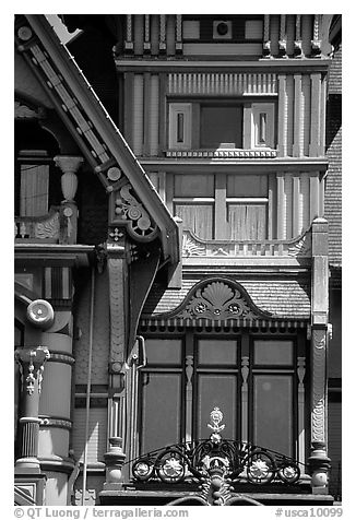 Detail of the Carson Mansion facade. California, USA (black and white)