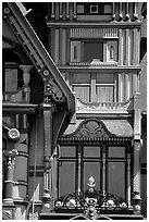 Detail of the Carson Mansion facade. California, USA (black and white)
