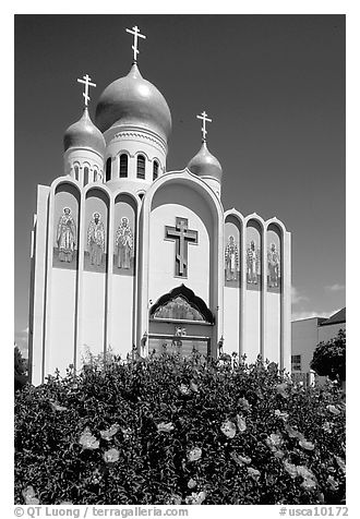 Russian Orthodox Cathedral with a foreground of flowers. San Francisco, California, USA