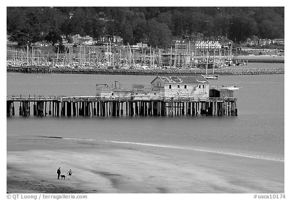 Couple on the beach and pier, Pillar Point Harbor. Half Moon Bay, California, USA (black and white)