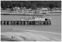 Couple on the beach and pier, Pillar Point Harbor. Half Moon Bay, California, USA (black and white)