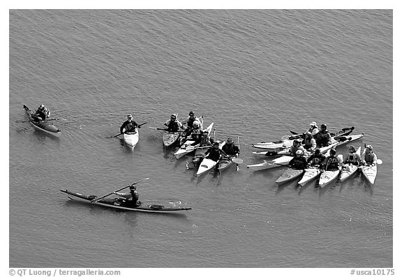 Sea Kayaking class, Pillar Point Harbor. Half Moon Bay, California, USA (black and white)