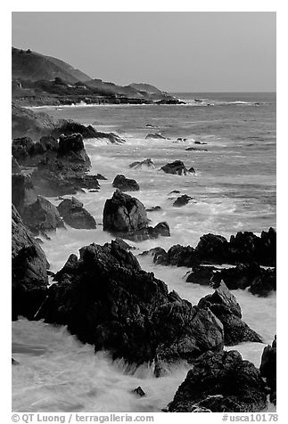 Coastline with pointed rocks and surf, sunset, Garapata State Park. Big Sur, California, USA