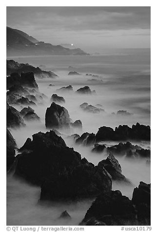 Rocks and surf at Blue hour, dusk, Garapata State Park. Big Sur, California, USA (black and white)