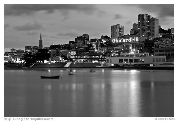 Aquatic Park, Ghirardelli Square, and skyline at dusk. San Francisco, California, USA