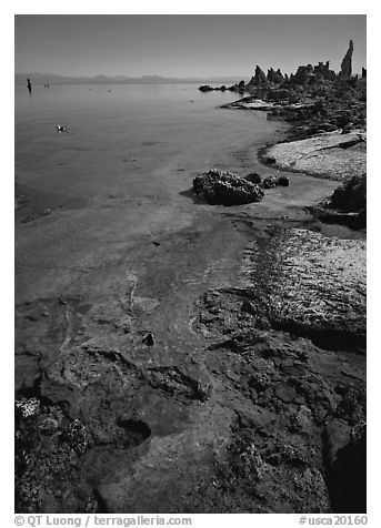 Colorful shore and tufa, mid-day. Mono Lake, California, USA (black and white)