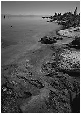 Colorful shore and tufa, mid-day. Mono Lake, California, USA (black and white)