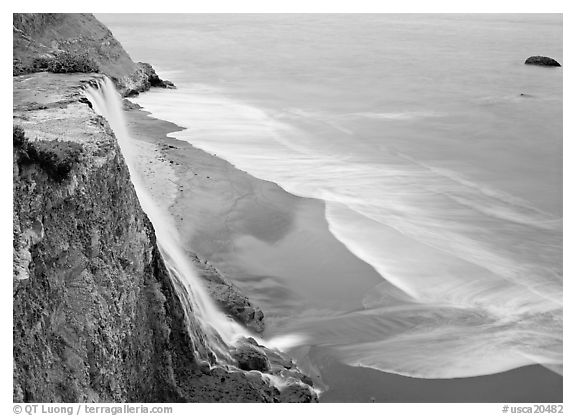 Alamere Falls, beach, and surf. Point Reyes National Seashore, California, USA (black and white)