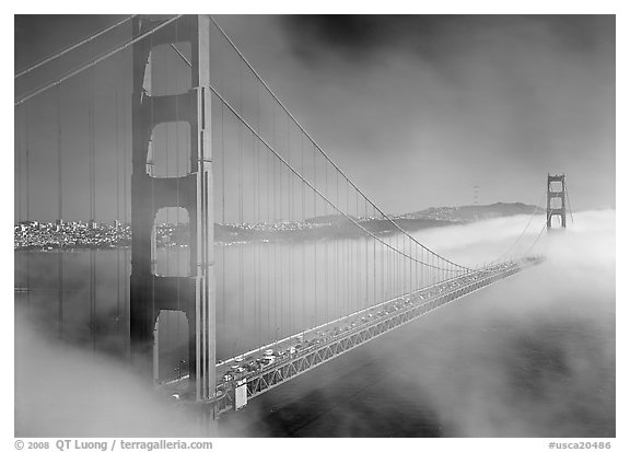 Golden Gate Bridge in Fog seen from Battery Spencer. San Francisco, California, USA (black and white)