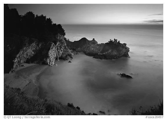 Mc Way Cove and waterfall at sunset. Big Sur, California, USA (black and white)