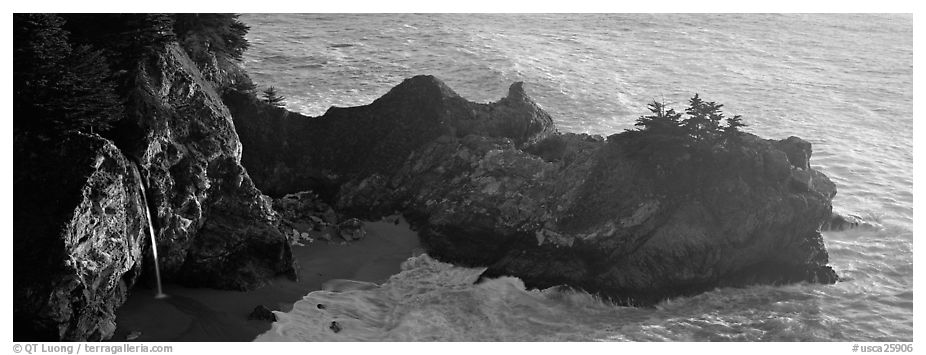 Waterfall and ocean, Mc Way Cove. Big Sur, California, USA (black and white)