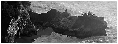 Waterfall and ocean, Mc Way Cove. Big Sur, California, USA (Panoramic black and white)