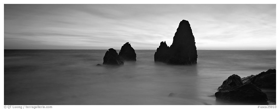 Ethereal seascape with seastacks. California, USA (black and white)
