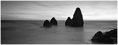 Ethereal seascape with seastacks. California, USA (Panoramic black and white)