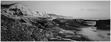 California seascape with mussels and cliffs. Point Reyes National Seashore, California, USA (Panoramic black and white)