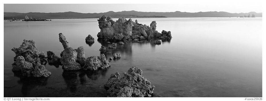 Lake sunrise with Tufa pinnacles. Mono Lake, California, USA (black and white)