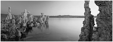 Lake scenery with Tufa towers. Mono Lake, California, USA (Panoramic black and white)