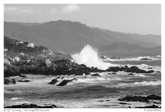 Coastline and Big wave, late afternoon, seventeen-mile drive. Pebble Beach, California, USA (black and white)