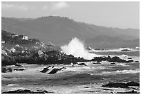 Coastline and Big wave, late afternoon, seventeen-mile drive, Pebble Beach. California, USA (black and white)