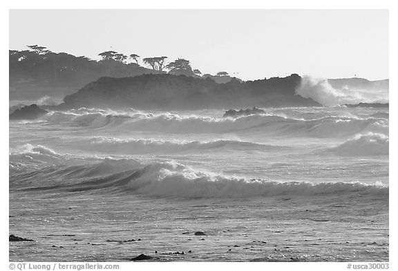 Waves, late afternoon, seventeen-mile drive. Pebble Beach, California, USA (black and white)