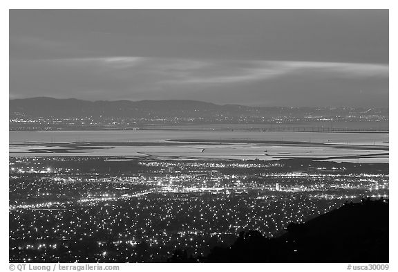 South end of the Bay with city lights at dusk. San Jose, California, USA