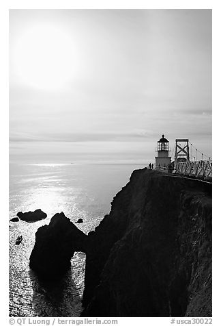 Point Bonita Lighthouse and sun, afternoon. California, USA (black and white)