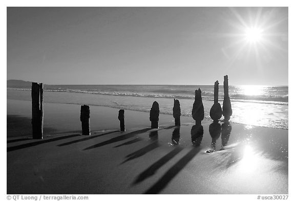 Row of wood pilars and sun near Fort Funston,  late afternoon, San Francisco. San Francisco, California, USA