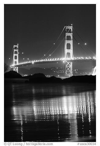 Golden Gate bridge at night from Baker Beach. San Francisco, California, USA (black and white)
