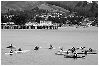 Sea kayaking in  Pillar point harbor. Half Moon Bay, California, USA ( black and white)