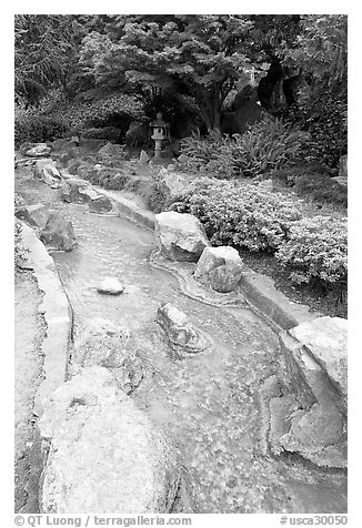 Stream, Japanese Friendship Garden. San Jose, California, USA (black and white)