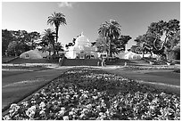 Flower bed and Conservatory of the Flowers, late afternoon, Golden Gate Park. San Francisco, California, USA (black and white)