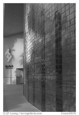 Tech Museum of Innovation entrance, late afternoon. San Jose, California, USA (black and white)