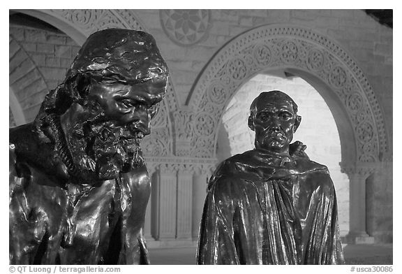 Burghers of Calais by Rodin in Quad by night. Stanford University, California, USA (black and white)