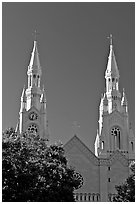 Towers of St Peter and Paul Church, 1922-1939, Washington Square, late afternoon. San Francisco, California, USA (black and white)