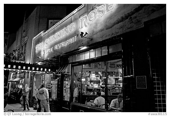 Stinking Rose garlic restaurant at night, North Beach. San Francisco, California, USA (black and white)