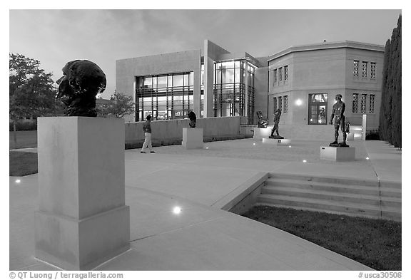 Rodin sculpture garden and Cantor Center for Visual Arts with one visitor. Stanford University, California, USA