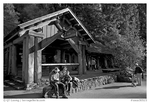 Park headquarters, afternoon. Big Basin Redwoods State Park,  California, USA (black and white)