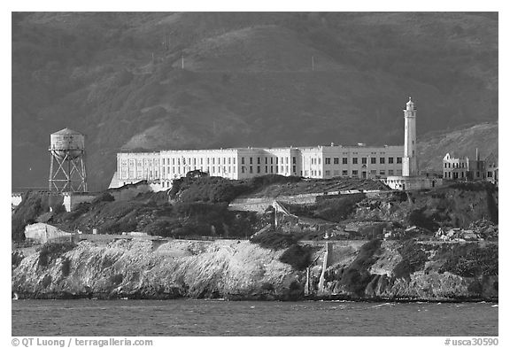 Prison building on Alcatraz Island, late afternoon. San Francisco, California, USA (black and white)