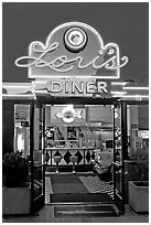 Lori's diner, Ghirardelli Square, dusk. San Francisco, California, USA (black and white)